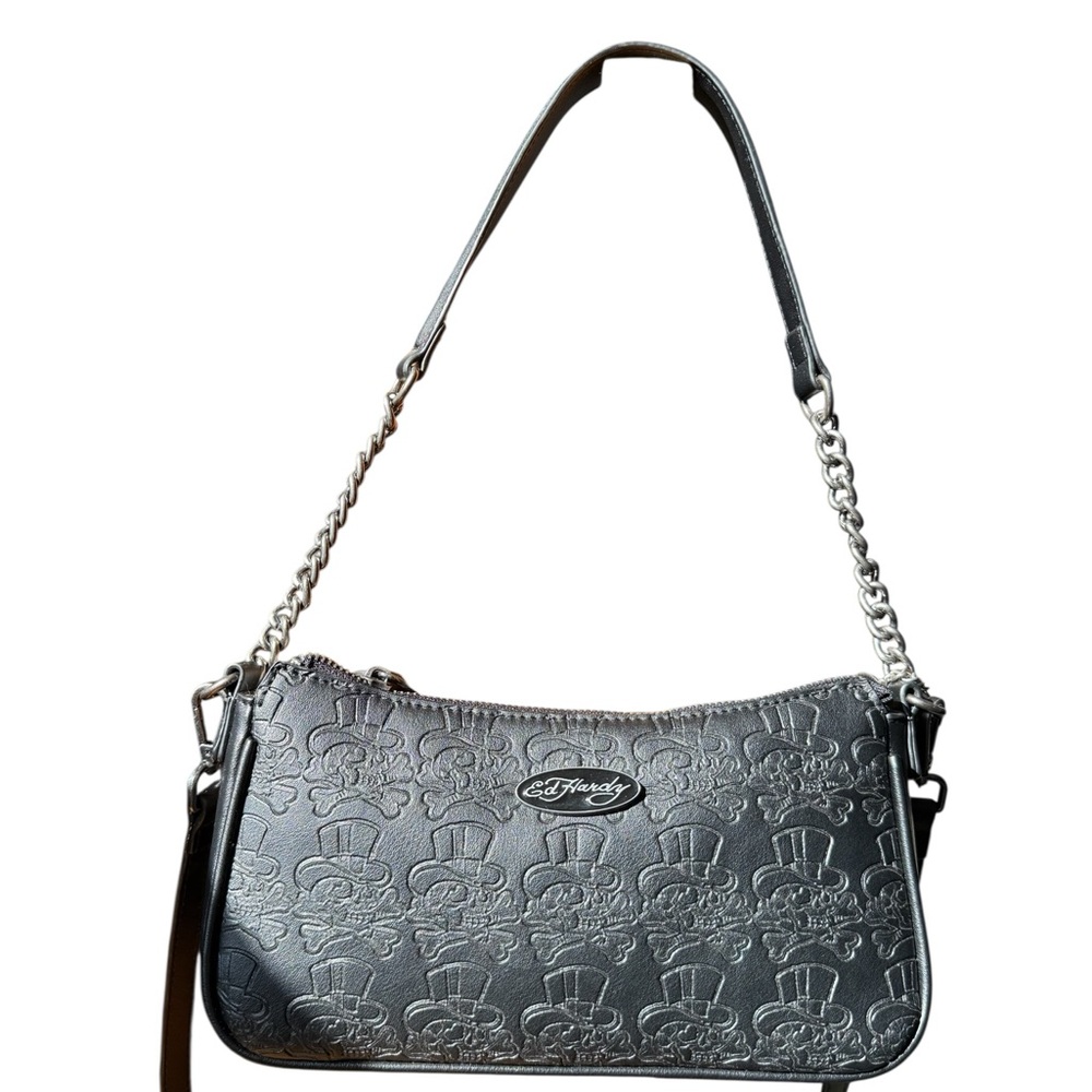 Ed Hardy Black Embossed Leather Shoulder Bag with Chain Strap